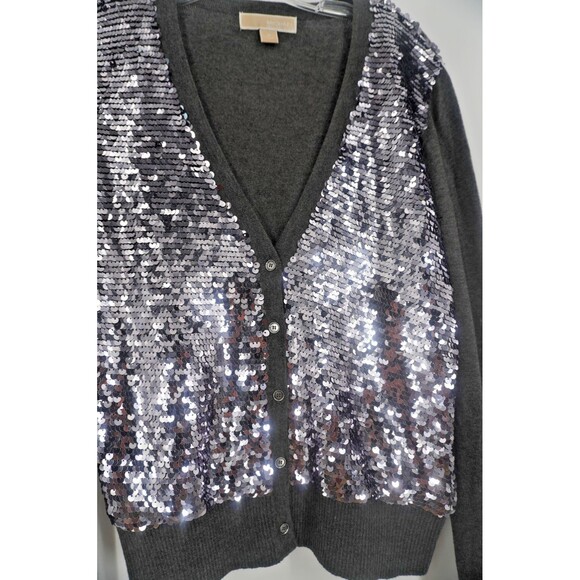 MICHAEL Michael Kors Grey Silver Sequin V-Neck Button Front Cardigan Sweater SzM - Picture 5 of 10